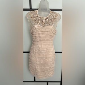 Bebe Formal Beaded Embellished Wedding Prom Lace Dress Small Cream Nude